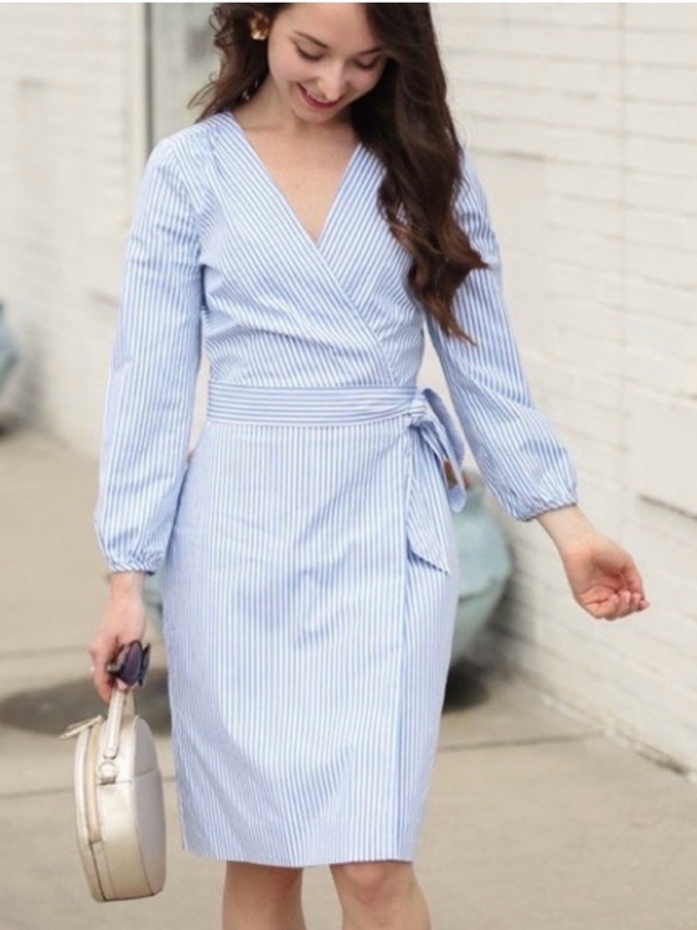 J.Crew Wrap dress in striped cotton poplin Preppy Spring Picnic Blue White Sz 0